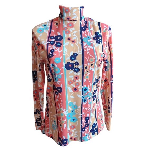 Medium Vintage Elleen 1970s Groovy Mod Mom Floral Striped High-Neck Top 11/12 - Picture 2 of 8